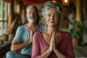 AI generated senior couples in yoga poses photo