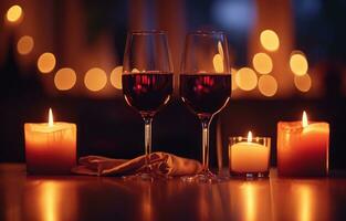 AI generated two wine glasses waiting near candles next to two candlesticks on a table photo