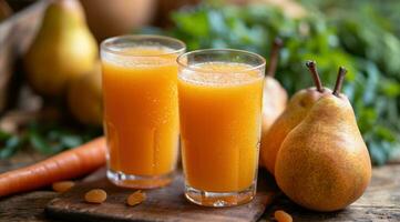 AI generated three glasses containing carrot juice photo