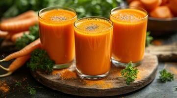 AI generated three glasses containing carrot juice photo