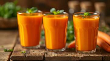 AI generated three glasses containing carrot juice photo