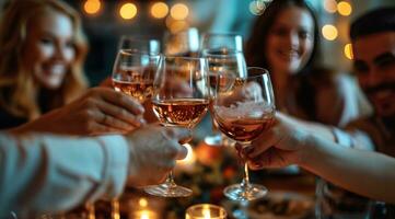 ai generado personas a un cena mesa bebida vino foto