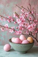 AI generated pink and yellow trees and eggs in an easter bowl on a table photo