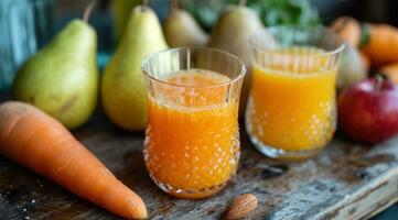 AI generated three glasses containing carrot juice photo