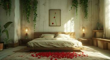 AI generated red petal in the center of the bed, photo