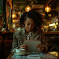 AI generated portrait of african american business woman looking at tablet at restaurant photo