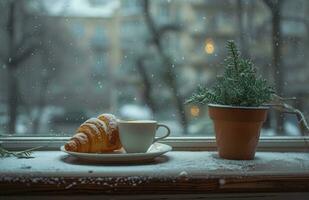 AI generated winter cup of coffee and croissants photo