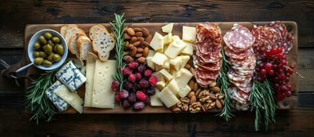 AI generated board with cheese and olives, nuts and fruits, on wooden table photo