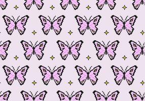 Retro pattern with pixelated pink butterfly. 8-bit seamless with moth. Retro Video Game Aesthetic vector