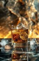 AI generated whisky, drink and ice, in the style of opaque resin panels photo