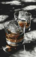 AI generated two ice cubes in a glass with whisky photo