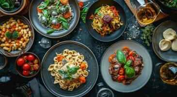 AI generated menus of italian food on plate are placed on top of black table photo