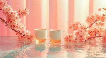 AI generated two white cups sit in the middle of a table with pink blossoming photo