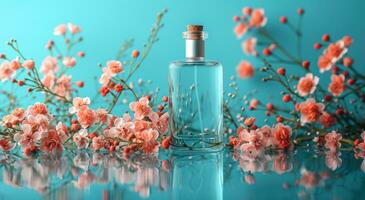 AI generated floral perfumes on a blue background photo