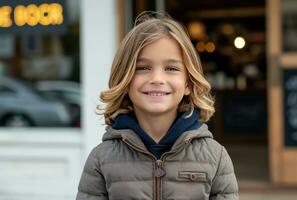 AI generated this is a young boy smiling in front of a coffee shop photo