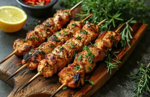 AI generated chicken on skewers with fresh herbs and lemons photo