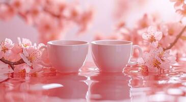 ai generado dos blanco tazas sentar en el medio de un mesa con rosado cierne foto