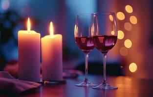 AI generated two wine glasses waiting near candles next to two candlesticks on a table photo