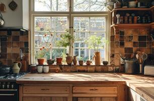 AI generated this kitchen has wood counters and lots of pots and vases photo