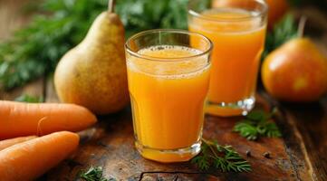 AI generated three glasses containing carrot juice photo