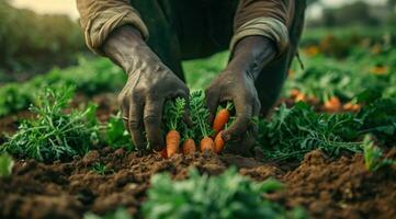 AI generated a man picking up carrots in the dirt photo