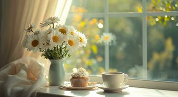 AI generated flowers arrangement with cup and coffee on a window sill photo