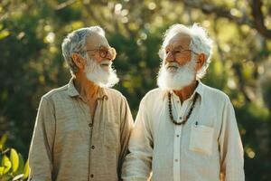 ai generado dos viejo, gris, pelo blanco hombres son contento mientras participación manos foto