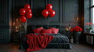 AI generated decorative bed with balloons inside a romantic bed room photo