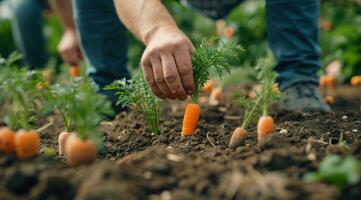 AI generated a man picking up carrots in the dirt photo