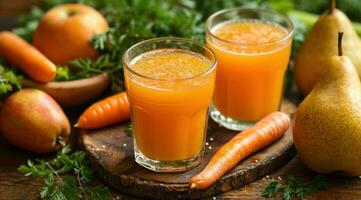 AI generated three glasses containing carrot juice photo