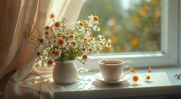 ai generado flores arreglo con taza y café en un ventana umbral foto