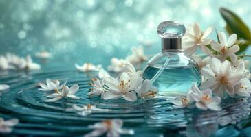 AI generated floral perfumes on a blue background photo