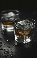 ai generado dos hielo cubitos en un vaso con whisky foto