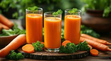 AI generated three glasses containing carrot juice photo