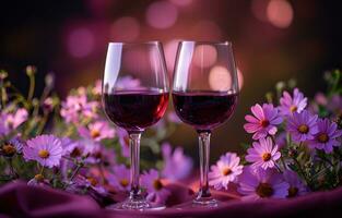 AI generated two glasses of red wine and flowers on table photo