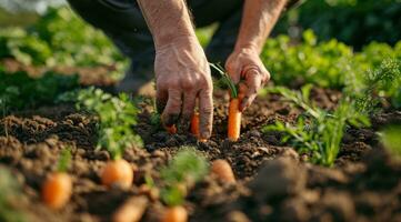 AI generated a man picking up carrots in the dirt photo