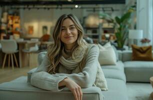 ai generado un mujer sentado en un mueble sala de exposición mayor foto