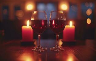 AI generated two wine glasses waiting near candles next to two candlesticks on a table photo