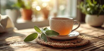 ai generado un taza de infusión de salvia té sentado en un de madera mesa foto