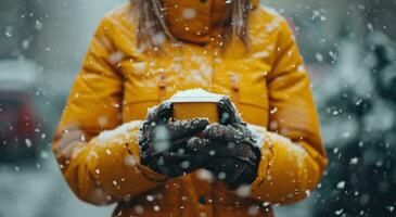 AI generated a woman holding a cup of coffee outdoors during a winter rainstorm photo