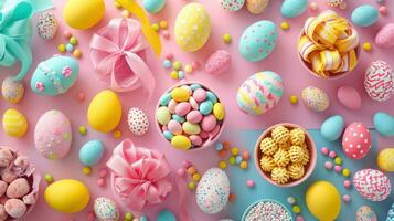 AI generated A colorful array of decorated eggs, ribbons, and festive Easter delights photo