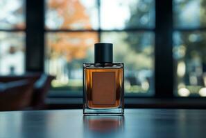 AI generated a bottle of perfume on a shelf in the distance photo