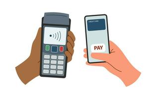 Hands with payment terminal and phone. vector