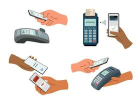 Set of contactless payment terminals and hands with phones vector