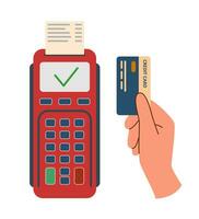 Contactless payment concept. Payment terminal and a hand with credit card. vector