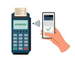 Contactless payment. Payment terminal and phone in hand. vector