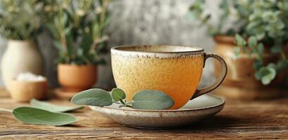 ai generado un taza de infusión de salvia té sentado en un de madera mesa foto