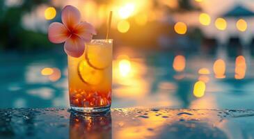 ai generado un hombre con un flor en parte superior de un bebida por un piscina foto