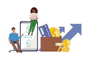 Currency exchange sign. US Dollar and Euro. People observing and using a mobile application for navigating currency exchange. vector