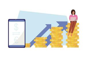 Woman strategically navigates trading, investment, saving and currency exchange on a pile of coins vector